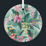 Tropische Hibiscus: naadloos bloemenpatroon Glas Ornament<br><div class="desc">Naadloos bloementropisch patroon met hibiscus en plumeria Tropische Oasis: Hibiscus en Plumeria Dance in Harmony. Tropische vibes bloeien in een naadloos hibiscuspatroon. dessin,  bloemenmotief,  tropisch,  hawaii,  zomermoer,  bloemmoer,  achtergrond,  roze,  groen,  strand,  illustratie,  palm,  exotisch,  naadloos,  plumeria,  blad,  oerwoud,  textuur,  decor,  mode</div>