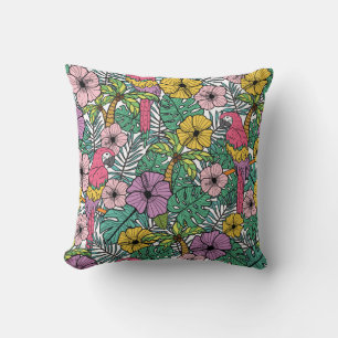 Tropische hibiscus, palm, papegaaienpatroon. kussen