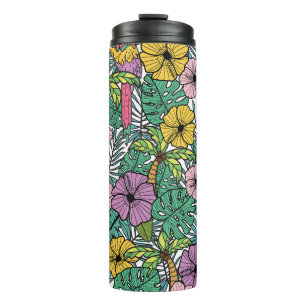 Tropische hibiscus, palm, papegaaienpatroon. thermosbeker