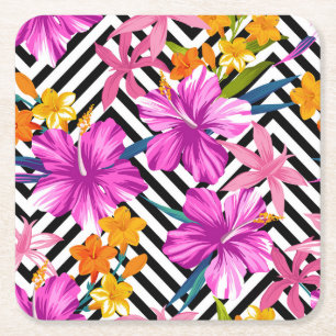 Tropische hibiscus, palmbladeren, geometrisch. kartonnen onderzetters