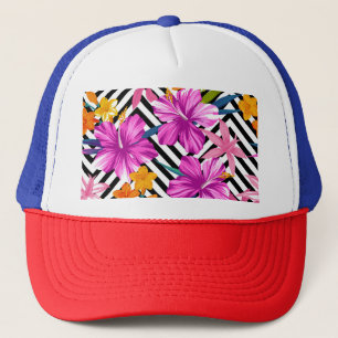 Tropische hibiscus, palmbladeren, geometrisch. trucker pet