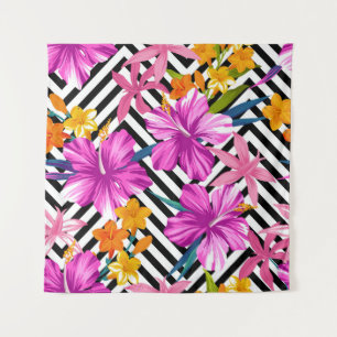 Tropische hibiscus, palmbladeren, geometrisch. wandkleed