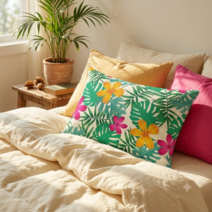 Tropische hibiscus & palmbladeren. Kustzomer. Accent Kussen
