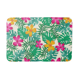 Tropische hibiscus & palmbladeren. Kustzomer. Badmat