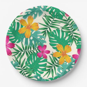 Tropische hibiscus & palmbladeren. Kustzomer. Papieren Bordje