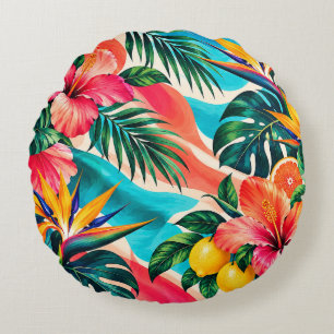 Tropische Hibiscus Paradijs Botanische Kunst Rond Kussen