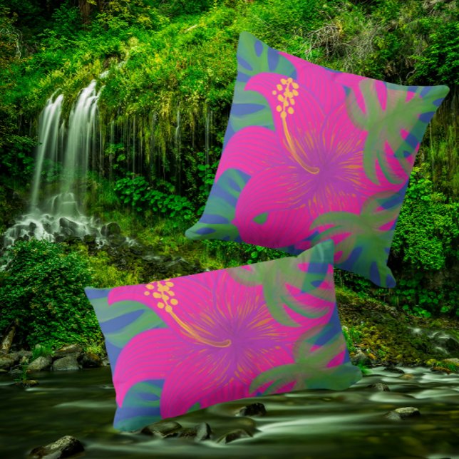 Tropische Hibiscus Philodendron  Buitenkussen (Vibrant tropical pillows for indoor or out!)