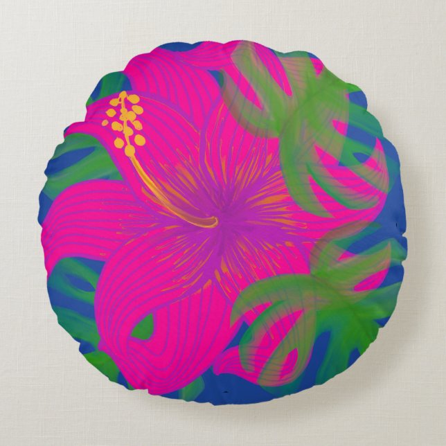 Tropische Hibiscus Philodendron  Rond Kussen (Voorkant)