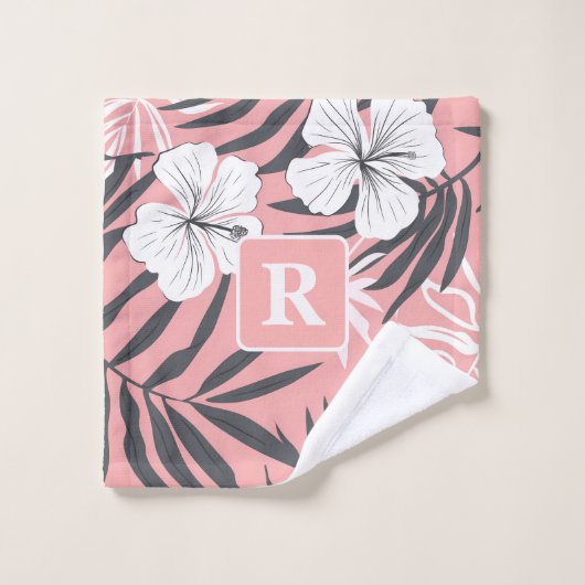 Tropische Hibiscus roze Monogram gepersonaliseerd Bad Handdoek (Wasdoekje)