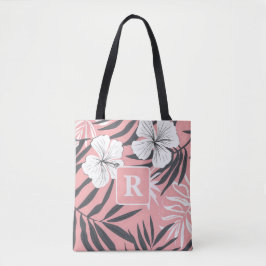 Tropische Hibiscus roze Monogram gepersonaliseerd Tote Bag