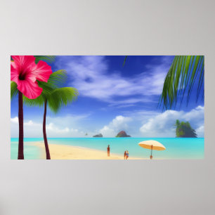 Tropische hibiscus Strand maanlicht oceaan palmen  Poster