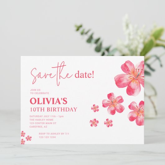 Tropische Hibiscus Verjaardag roze Save The Date (Staand voorkant)