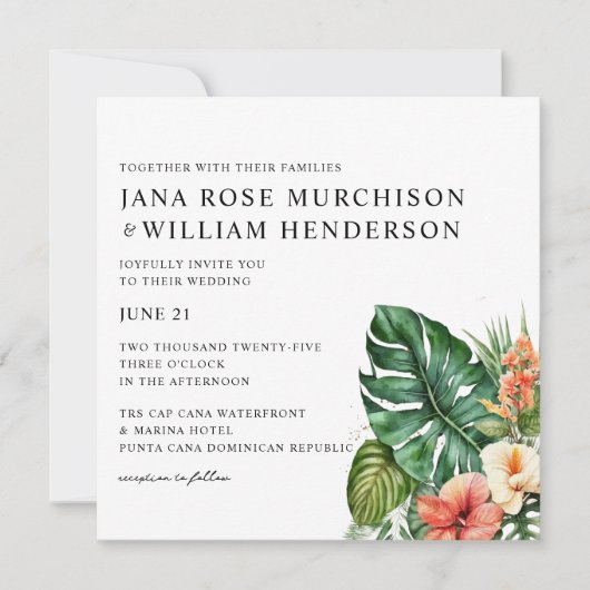 Tropische Hibiscus Waterverf bruiloft uitnodiging (Voorkant)