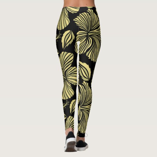 Tropische hibiscus: zwart-gele  bloemen. leggings (Achterkant)