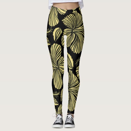 Tropische hibiscus: zwart-gele  bloemen. leggings (Voorkant)