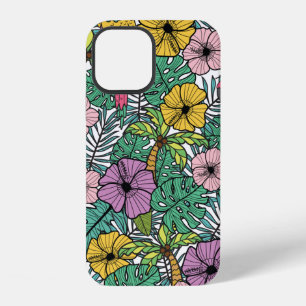 Tropische hibiscusbloem met palm, papegaaien en ex iPhone 12 hoesje