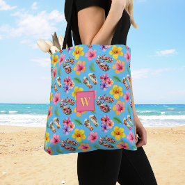 Tropische Hibuscus Flip Flops Loofwerk Roze Monogr Tote Bag