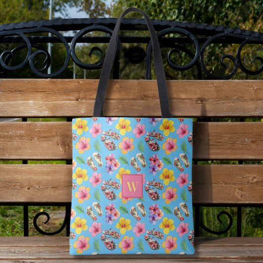 Tropische Hibuscus Teenslippers Blauw Monogram Tote Bag