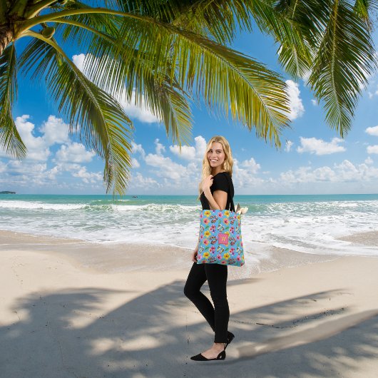 Tropische Hibuscus Teenslippers Blauw Monogram Tote Bag