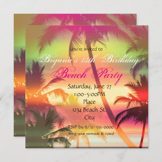 Tropische hitte palmbomen strandfeest uitnodiging (Voorkant / Achterkant)