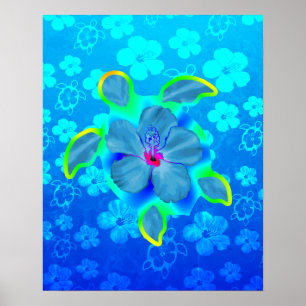 Tropische Honu Turtle en Hibiscus Poster