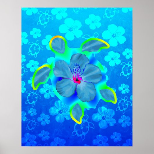 Tropische Honu Turtle en Hibiscus Poster (Voorkant)