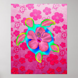 Tropische Honu Turtle en Hibiscus Poster