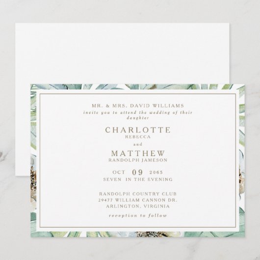 Tropische Horizontale Gouden Witte Huwelijksuitnod Kaart (Voorkant / Achterkant)