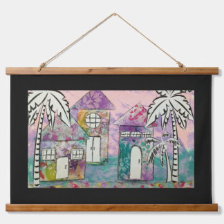 Tropische Huizen Witte Palmbomen Hangend Wandkleed