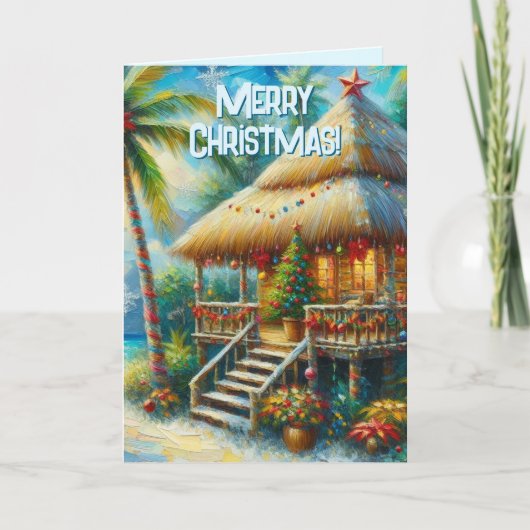 Tropische Hut Kerst Palm Boom Strand Verlichting Feestdagen Kaart (Voorkant)