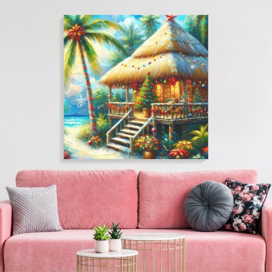 Tropische hut Kerstmis Palm Beach Lights Canvas Afdruk (Insitu (Woonkamer))