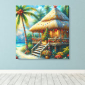 Tropische hut Kerstmis Palm Beach Lights Canvas Afdruk (Insitu (Houten vloer))
