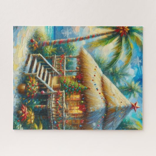 Tropische hut Kerstmis Palm Beach Lights Legpuzzel (Horizontaal)
