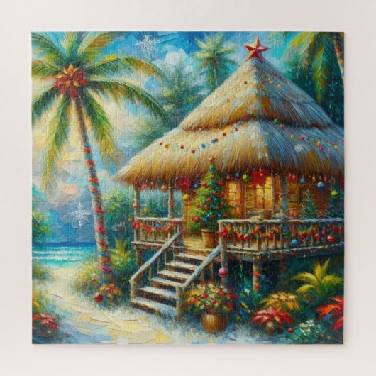 Tropische hut Kerstmis Palm Beach Lights Legpuzzel (Verticaal)