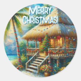 Tropische hut Kerstmis Palm Beach Lights Ronde Sticker