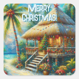 Tropische hut Kerstmis Palm Beach Lights Vierkante Sticker