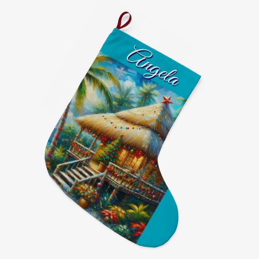 Tropische Hut Kerstmis Palm Tree Beach Coastal Grote Kerstsok (Voorkant (Hangend))