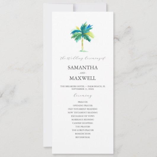 Tropische huwelijksprogramma's Waterverf Palmboom Kaart (Voorkant)