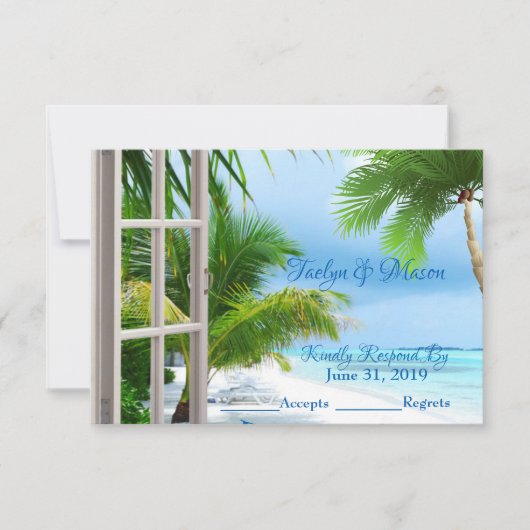 Tropische huwelijksstrand scène Huwelijk RSVP kaar (Voorkant)