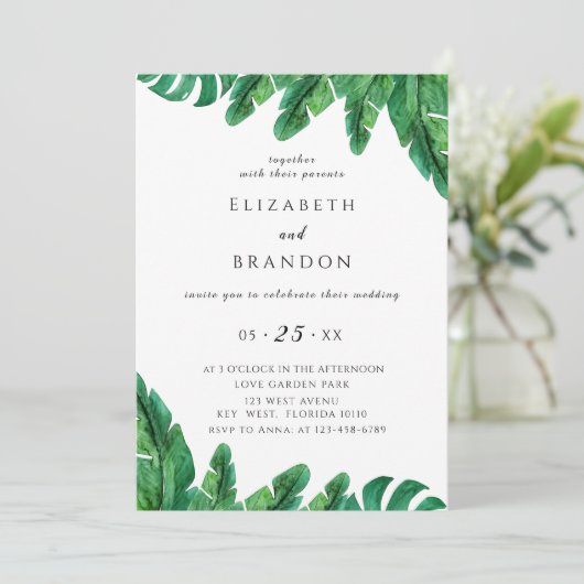 Tropische huwelijksuitnodiging met wilde palmen save the date (Staand voorkant)