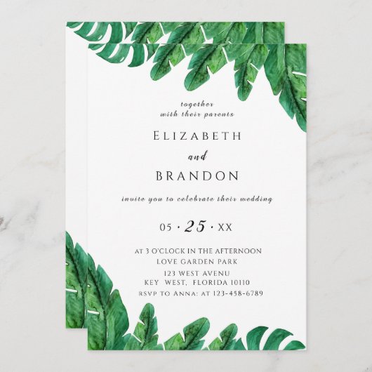 Tropische huwelijksuitnodiging met wilde palmen save the date (Voorkant / Achterkant)