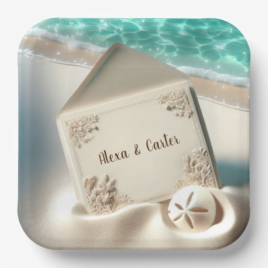 Tropische huwelijksuitnodiging op een strand papieren bordje (Voorkant)