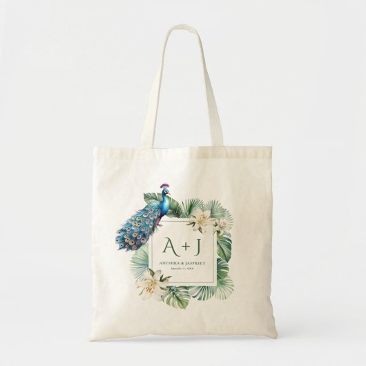 Tropische Indiase pauw bloemenbruiloft monogram Tote Bag (Voorkant)