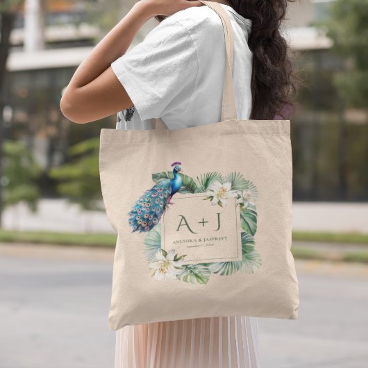 Tropische Indiase pauw bloemenbruiloft monogram Tote Bag