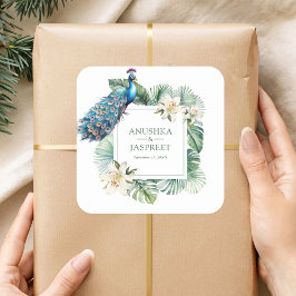 Tropische Indiase Pauw Bloemige Bruiloft Vierkante Sticker