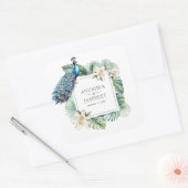 Tropische Indiase Pauw Bloemige Bruiloft Vierkante Sticker (Envelop)