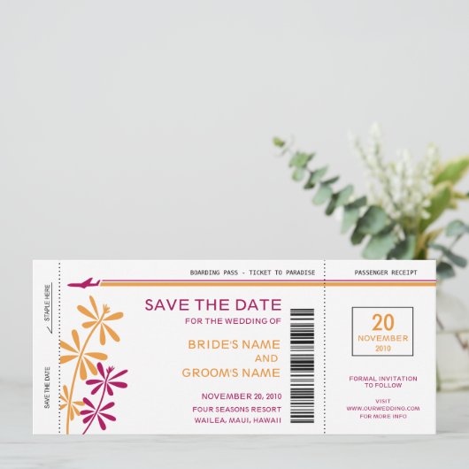 Tropische instapkaart Opslaan datumuitnodigingen Save The Date (Staand voorkant)