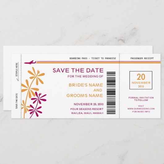 Tropische instapkaart Opslaan datumuitnodigingen Save The Date (Voorkant / Achterkant)