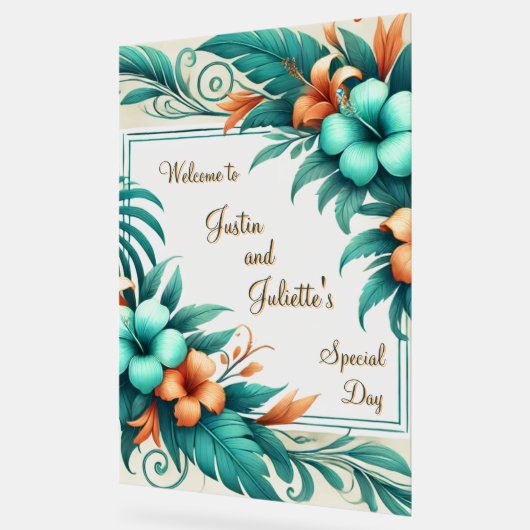 Tropische iriscentie bruiloft welkom teken acryl bord (Hoek)