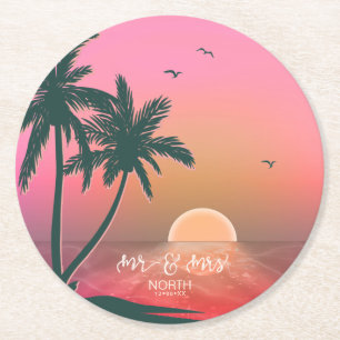 Tropische isle Sunrise Mr & Mrs Pink ID581 Ronde Kartonnen Onderzetter